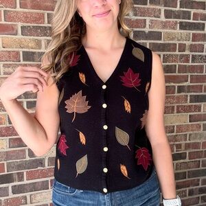 Leaf Pattern Black Button-Up Vest